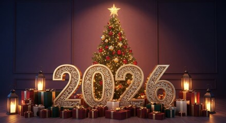 Festive 2026 display with decorated tree and gifts