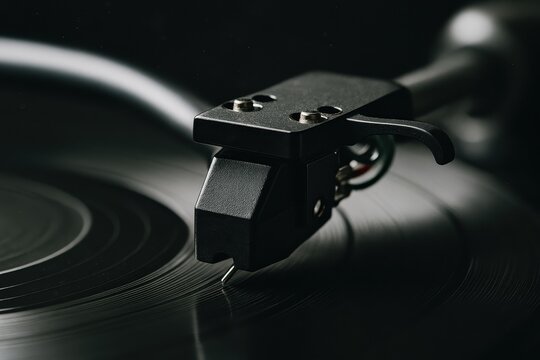 Hi fidelity turntable close up with spinning vinyl and stylus under moody studio light