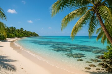 Obraz premium Idyllic island lagoon with gentle surf and swaying palms under crystal blue sky