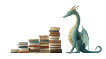  Majestic dragon perched on a towering stack of books surrounded by magic and knowledge isolated on white background