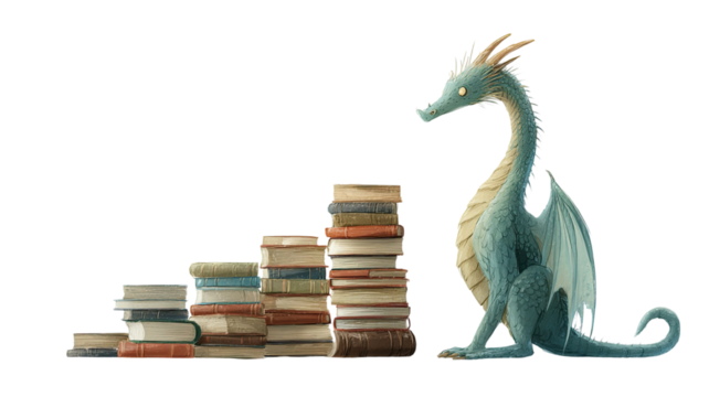  Majestic dragon perched on a towering stack of books surrounded by magic and knowledge isolated on white background