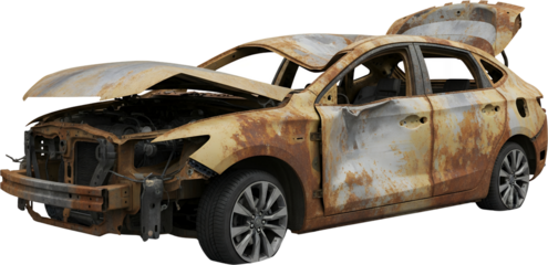 Heavily rusted and damaged hatchback car with open hood and trunk showing internal engine components and interior vehicle auto wreck destruction
