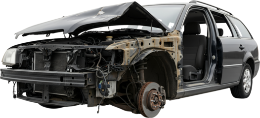 Dark gray station wagon with extensive front end damage open hood exposed engine components missing bumper and front passenger door open car