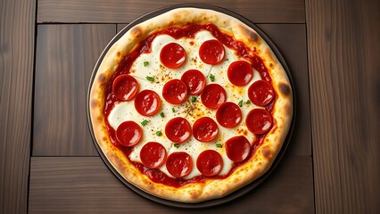 Pepperoni pizza with melted cheese, captured on a rustic wooden background for a delicious appeal.