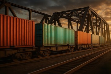 Fototapeta premium Long freight train of colorful cargo containers crossing a steel bridge at dusk