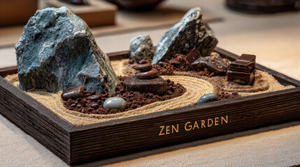 sugar zen garden with chocolate rock on white background