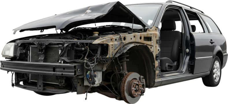 Dark gray station wagon with extensive front end damage open hood exposed engine components missing bumper and front passenger door open car