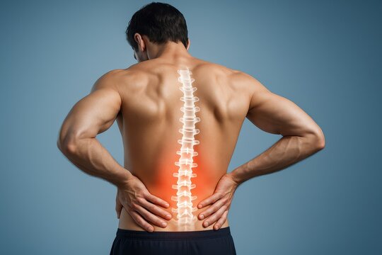Male figure holding lower back highlighting lumbar spine pain with medical overlay