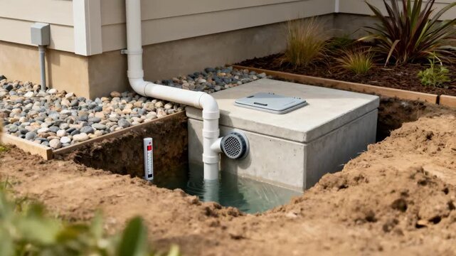 Medium shot of a compact underground rainwater tank installation adjacent to a residential building highlighting ecofriendly water conservation techniques.