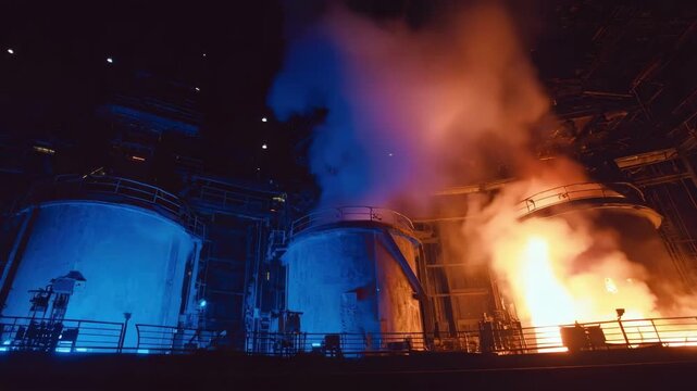 Medium shot capturing gasification process in a wastetoenergy facility highlighting gasifier reactors and glowing hot chambers.