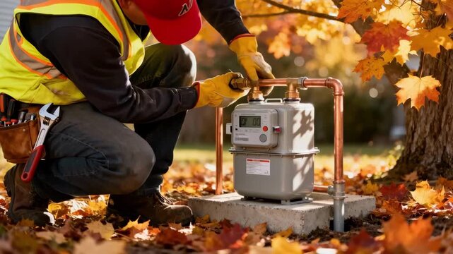 Close perspective on a professional checking connections while installing a new gas meter on a residential property surrounded by seasonal fall foliage