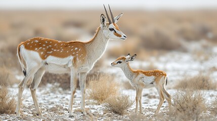 Mother and baby gazelle in arid landscape.