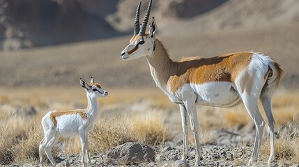 Adult and baby springbok in arid landscape.