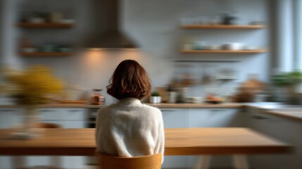 contemplative figure gazing into blurred domestic space evokes introspection and stillness through gentle color palette and unfocused depth