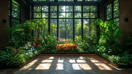 Sunlit indoor garden with lush tropical plants and large windows.
