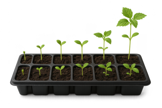 Seedling plants growing in tray, showing life cycle development