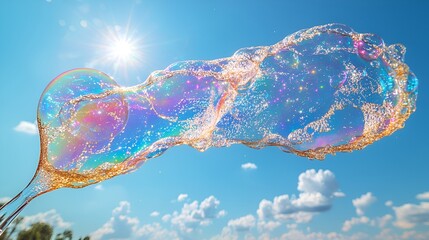 Giant iridescent soap bubble floats in sunny sky.