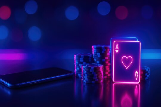 Neon casino concept smartphone chips and cards on glowing bokeh cyber table banner
