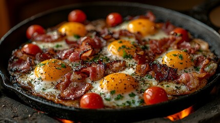 Cast iron skillet with fried eggs, bacon, and cherry tomatoes.