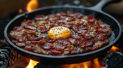 Crispy bacon arranged around a fried egg in a cast iron skillet over an open fire.