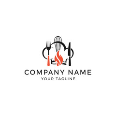 Chef Hat with Utensils and Flame Logo for Culinary Business.
