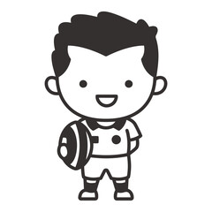 Fototapeta premium Cartoon line art of a smiling child holding a football in sports uniform, playful black and white illustration for kids’ coloring activity