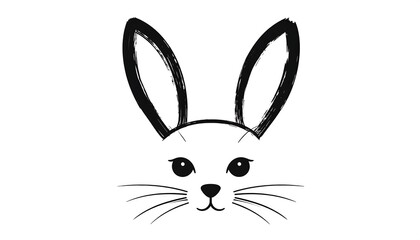 Fototapeta premium A simple black and white illustration of a bunny's face. Two long ears, round eyes, a small nose, and whiskers