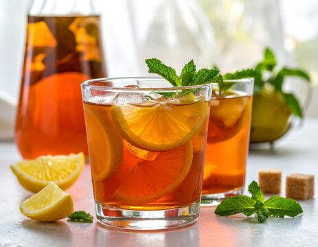Refreshing drinks with citrus slices and mint garnished on a table