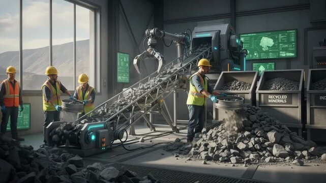 Medium shot of workers sorting waste rock materials for reuse showcasing innovative recycling techniques in mining operations
