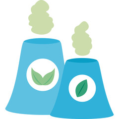 Two blue industrial cooling towers with green leaf emblems releasing light green vapor against a transparent background vector illustration