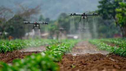 Medium shot of drones flying low while spraying ecofriendly pesticides over crops showcasing targeted pest control technology in use. - Powered by Adobe