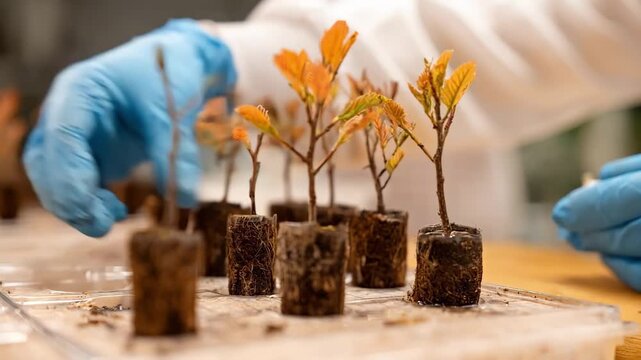 Closeup of scientists examining climateresistant hybrid saplings in a lab highlighting controlled growth for environmental adaptation.