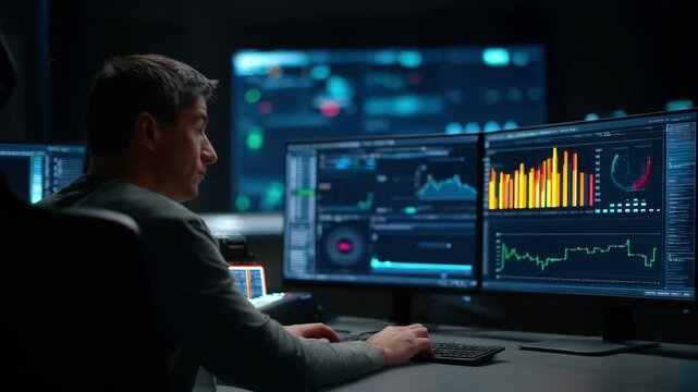 Medium shot of cybersecurity analyst monitoring AIdriven alerts highlighting suspicious activity in network traffic for proactive defense.
