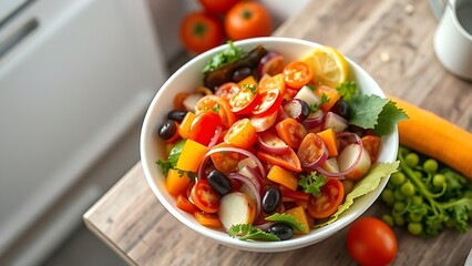 Vibrant vegetable salad in white bowl, fresh ingredients arranged artistically on minimalist backdrop.