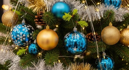Festive christmas tree with vibrant blue and gold decorations