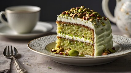 Slice of pistachio layer cake with cream frosting served with coffee on elegant table