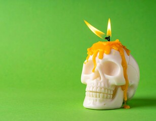 Skull-shaped candle with dripping wax and flames, on green background