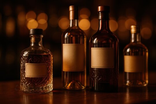 Selective focus row of amber and clear liquor bottles on rustic bar with warm bokeh