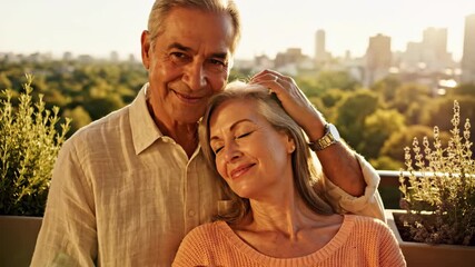 Affectionate senior couple sharing a tender moment together on a city balcony at sunset, enjoying their retirement with a beautiful view