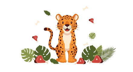 Friendly spotted jungle cat with tropical leaves and meat bones flat