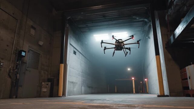 Medium shot of a drone countermeasure system activating electronic jamming to disable nearby surveillance drones in a secure facility.