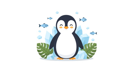 Obraz premium Charming cartoon penguin surrounded by fish and ice in a playful scene