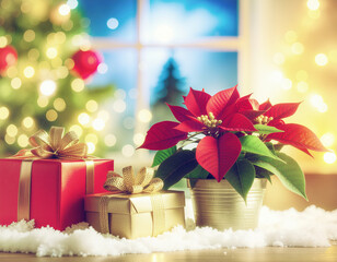 Beautiful red Christmas poinsettia or Christmas Star flower and a golden and a red gift box on the table. Christmas tree and a winter window view in the background. Holiday bokeh. 