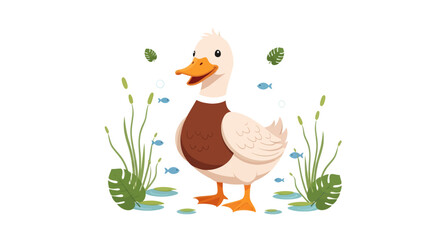 Fototapeta premium Charming illustration of a happy cartoon duck standing amidst water plants