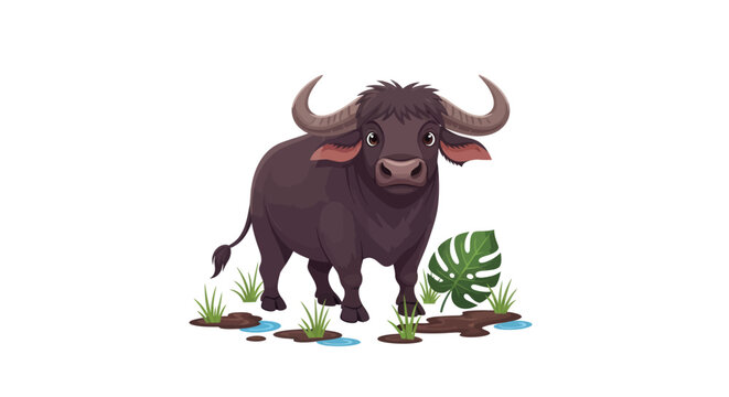 Charming Cartoon Illustration of a Water Buffalo Standing in a Muddy Field