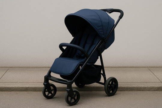 Modern navy blue baby stroller with adjustable canopy and padded seat on sidewalk, lightweight and convenient urban transport option