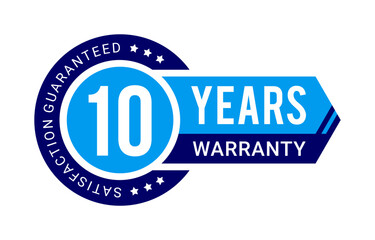 Modern 10 years warranty badge vector with satisfaction guaranteed label in blue color with ribbon and arrow