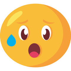 Fototapeta premium Yellow round emoji face with wide eyes open mouth and blue sweat drop on cheek expressing shock and fear against a transparent background