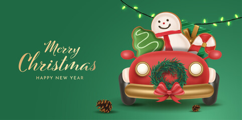Cute gingerbread man driving decorated car full of Christmas ornamnets and festive wreath in holiday spirit. Christmas Poster Design Vector Illustration 