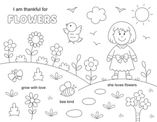 letter paper size (8.5x 11 inches) i am thankful coloring page. girly style with flowers and many shapes to color. Exclusive on Adobe Stock